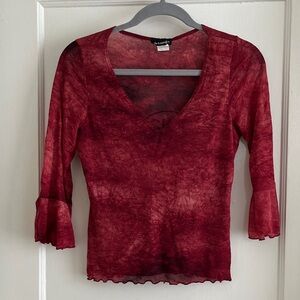 Vintage Y2K Sheer Lettuce Hem Poets Blouse 3/4 Sleeve Bell Cuff V-Neck Top Shirt